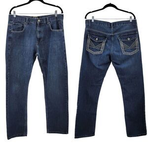 Lions Crest Jeans Straight Relaxed Embroidered Pockets Dark Wash Blue 34 x 32